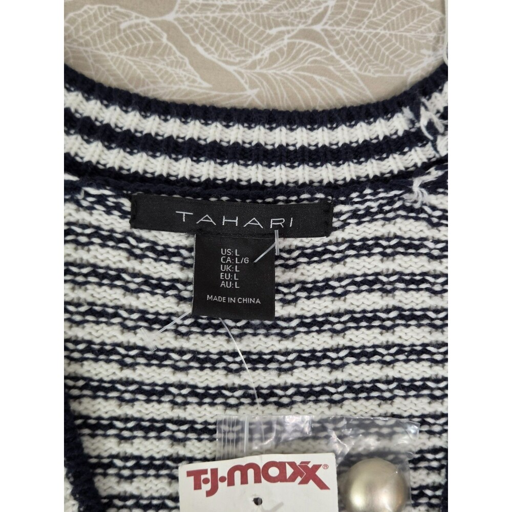 Tahari Navy White stripe button Long sleeve Sweater Large - Picture 3 of 5